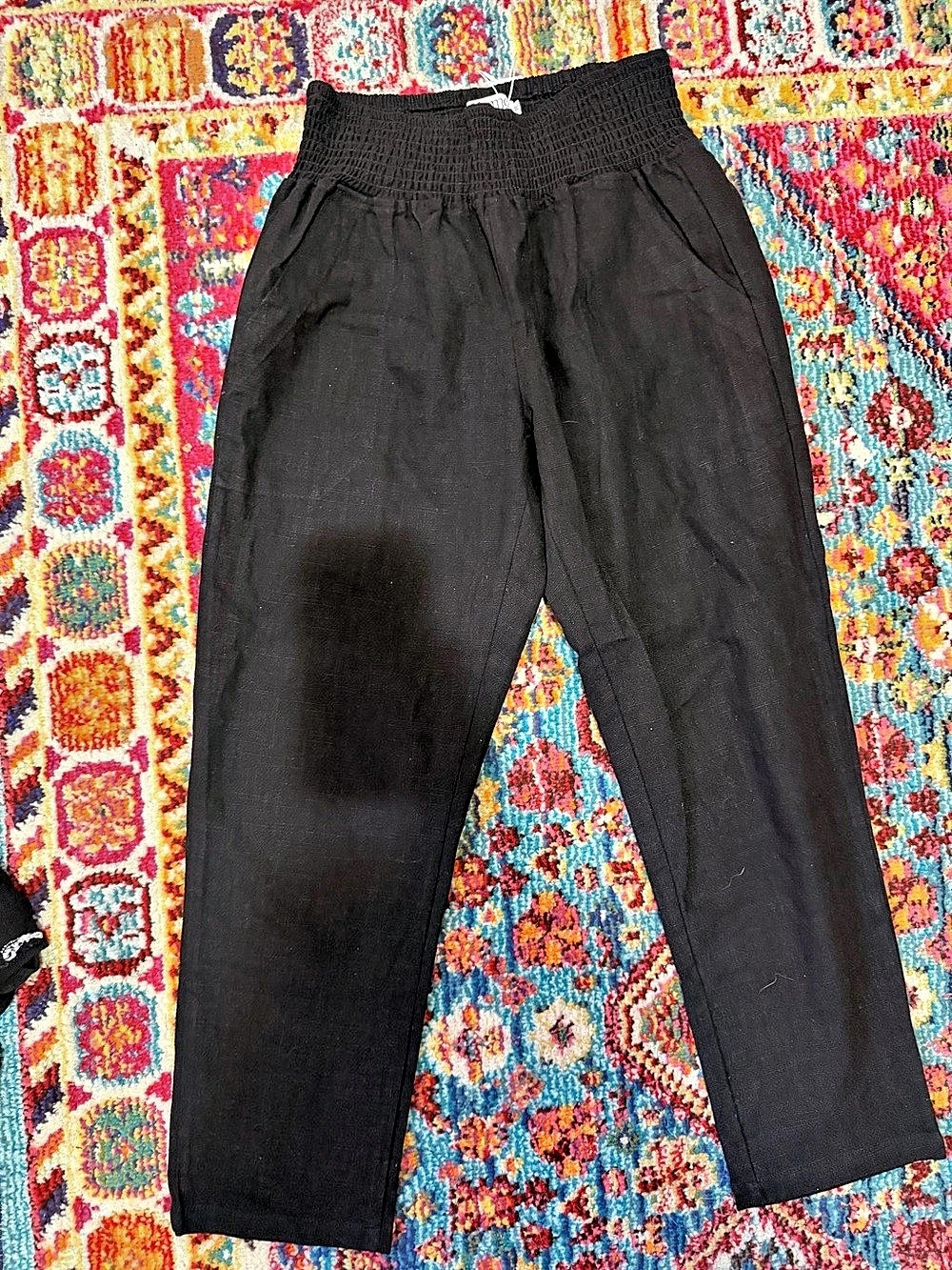 emme Smocked Linen Pant Wide Leg in Black Size Medium NWT